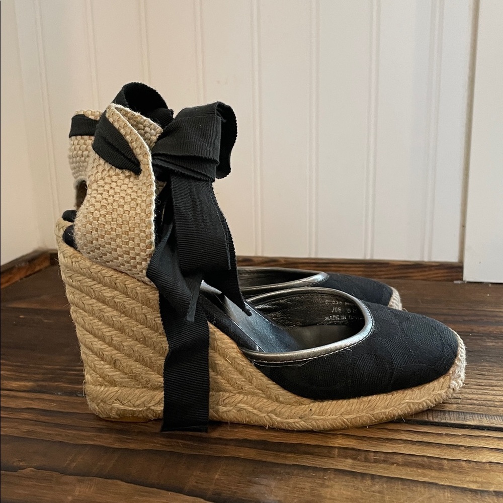 Coach Mindy Canvas Signature Black Espadrille Wedge Sandals - Picture 2 of 7
